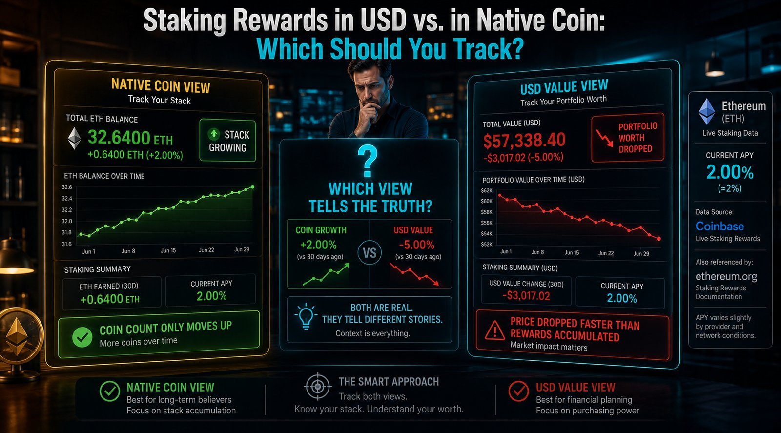 Staking Rewards in USD vs. in Native Coin: Which Should You Track?