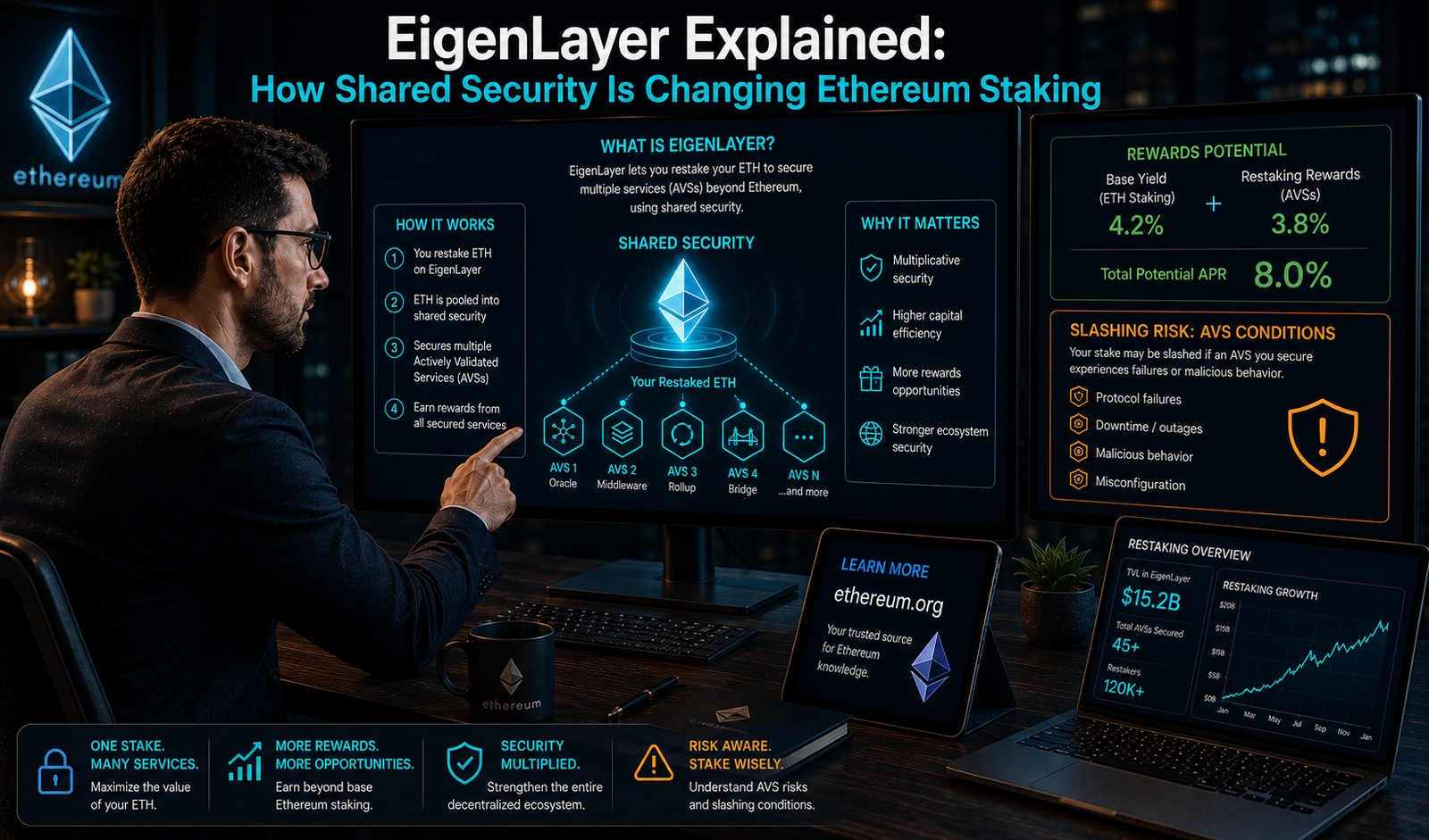 Diagram explaining EigenLayer restaking rewards and shared security for Ethereum staking