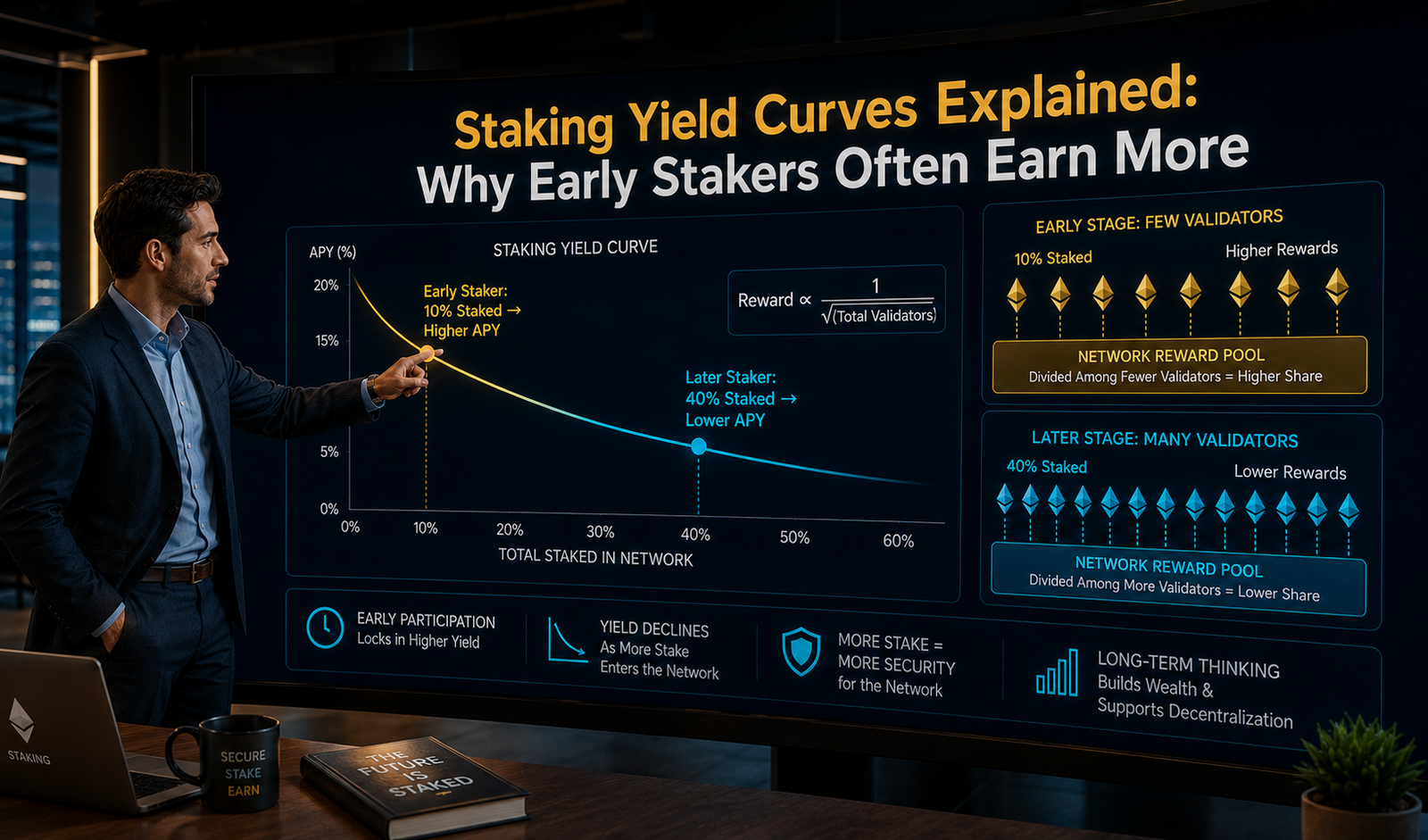 Downward-sloping staking yield curve chart showing reward rates compressing as more validators join